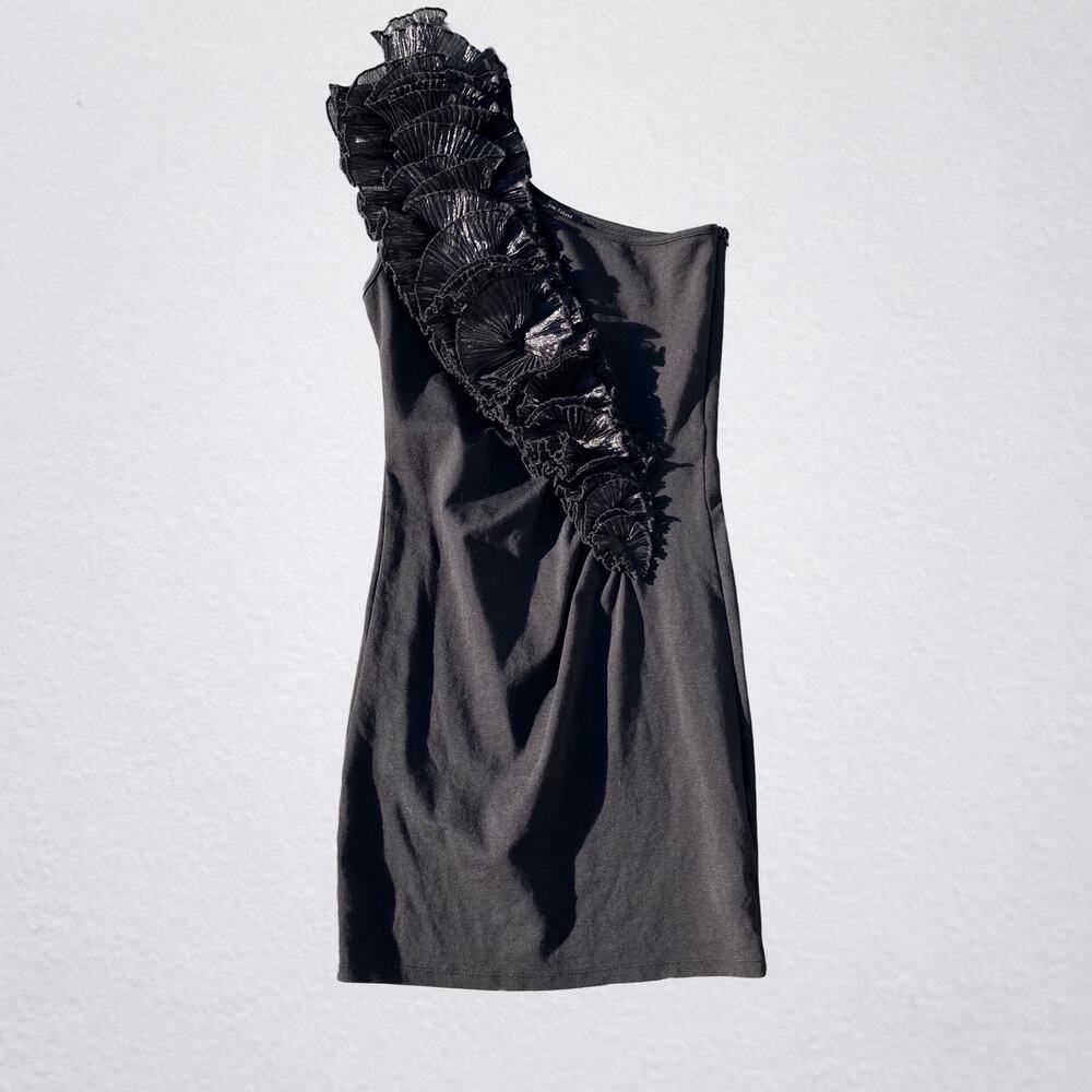 Black one shoulder ruffled strap mini dress, River Island US size 6